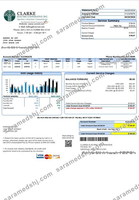 USA Iowa Clarke Electric Cooperative, Inc business utility bill template in Word and PDF formats